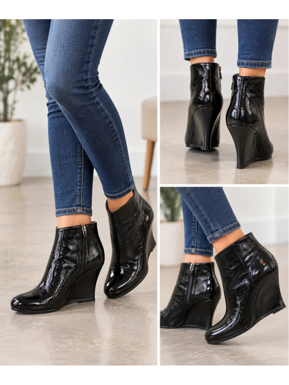 Lanvin Bottine Talon Compense Boots 36.5 Black Patent Leather Wedge Booties